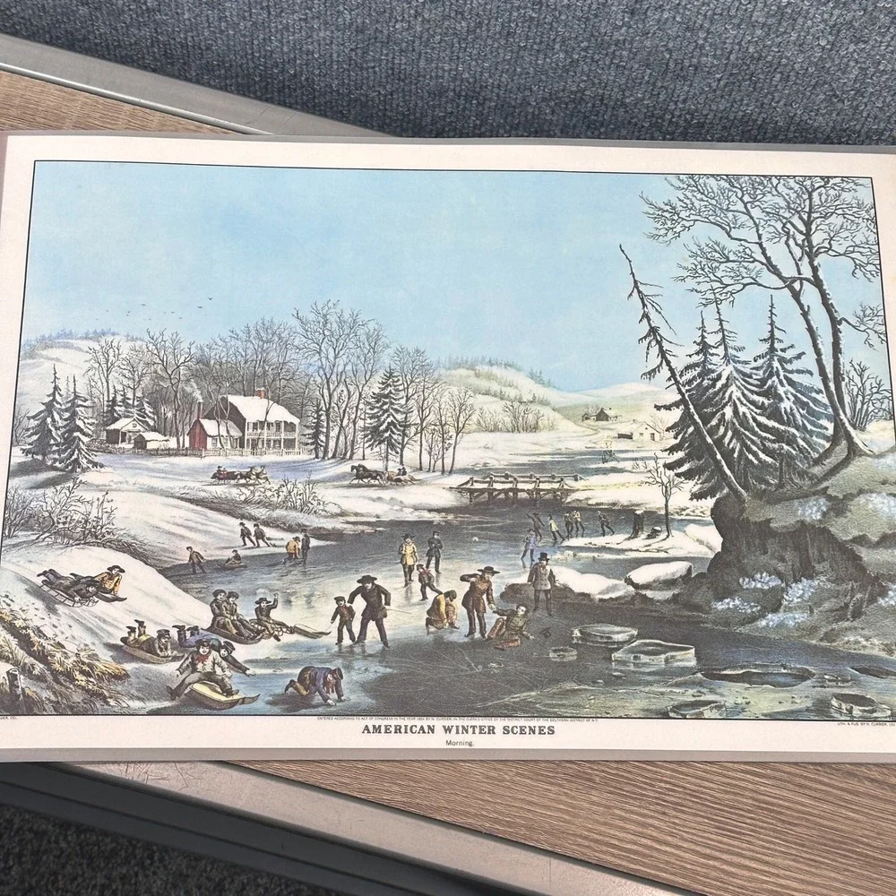 VTG Currier & Ives American Winter Scenes Reversible Set of 8 Holiday Placemats